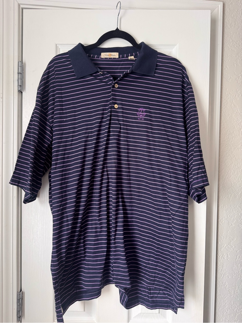 Peter Millar Golf Navy Polo with Purple Stripes
